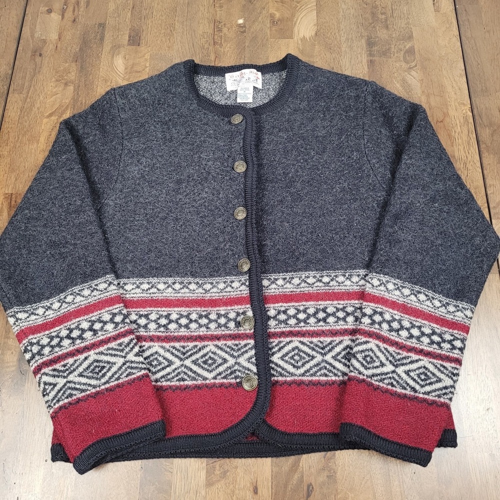 Vintage Tally Ho 100% Wool Nordic Cardigan Sweater - Gray/Red - Women's M